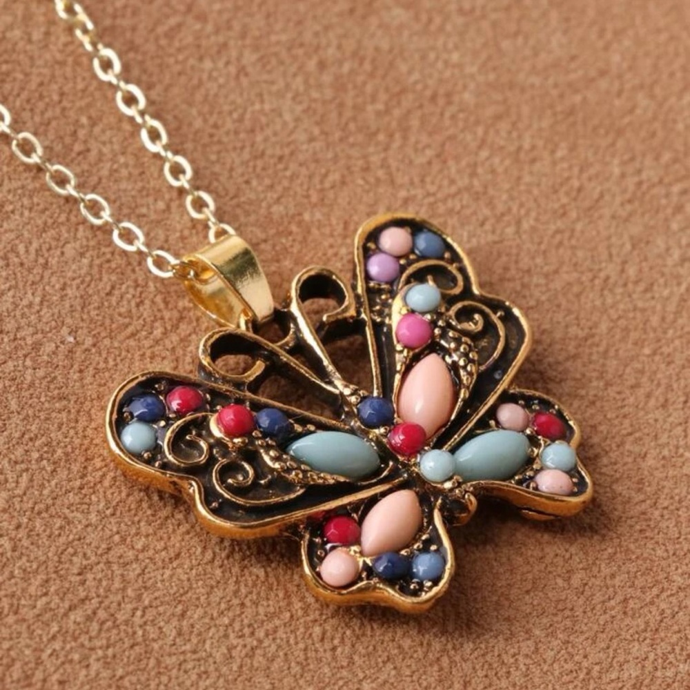 Vintage Multi-Turquoise Butterfly Gold Over Sterling Silver 4.00 ctw Necklace - Picture 2 of 12
